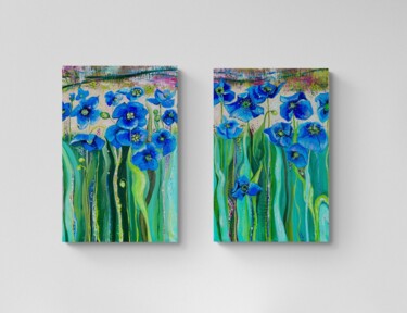 Painting titled "Blue anemones dipty…" by Ekaterina Larina, Original Artwork, Oil Mounted on Wood Stretcher frame