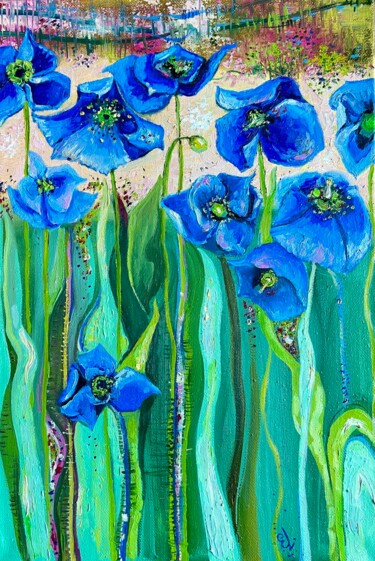 Painting titled "Blue anemones 2 - o…" by Ekaterina Larina, Original Artwork, Oil Mounted on Wood Stretcher frame