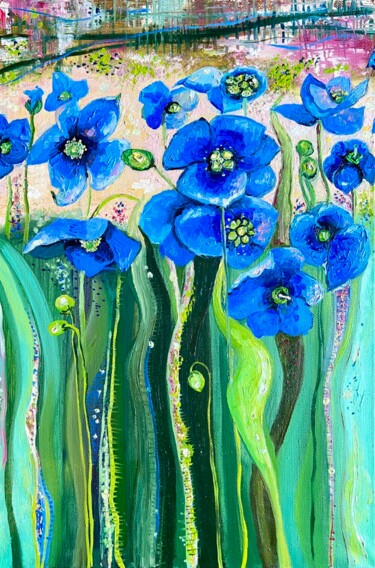 Painting titled "Blue anemones 1 - o…" by Ekaterina Larina, Original Artwork, Oil Mounted on Wood Stretcher frame