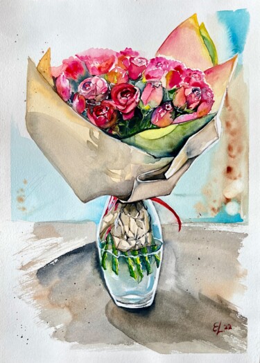 Pintura titulada "Bouquet of roses -…" por Ekaterina Larina, Obra de arte original, Acuarela