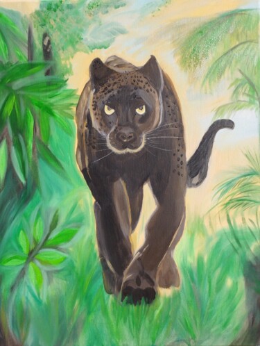 Peinture intitulée "Чёрная пантера" par Ekaterina Lushina, Œuvre d'art originale, Huile Monté sur Châssis en bois