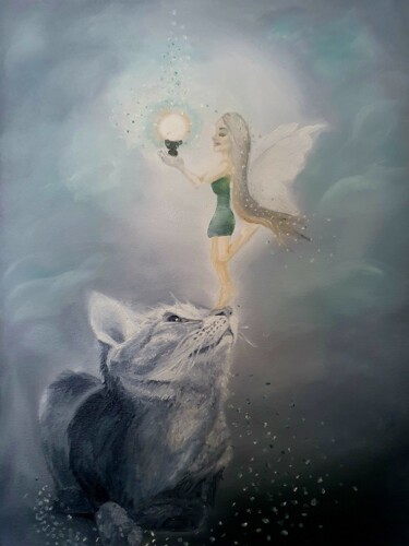 Painting titled "fairy tale with cat" by Ekaterina Nichubai (Shpekht), Original Artwork, Oil