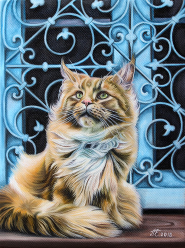 Painting titled "Red cat" by Ekaterina Perepeliatnik, Original Artwork, Oil