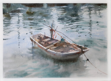 Картина под названием "Fishing boat" - Ekaterina Pytina, Подлинное произведение искусства, Акварель