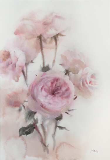 Painting titled "Pink roses" by Ekaterina Pytina, Original Artwork, Watercolor