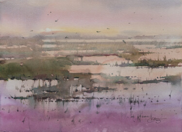 Schilderij getiteld "Sunset over the Tex…" door Ekaterina Pytina, Origineel Kunstwerk, Aquarel