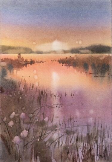 Painting titled "Lake at sunset" by Ekaterina Pytina, Original Artwork, Watercolor