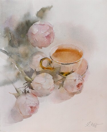 Peinture intitulée "Tea and peonies" par Ekaterina Pytina, Œuvre d'art originale, Aquarelle