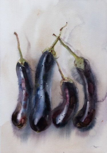 Painting titled "Eggplants" by Ekaterina Pytina, Original Artwork, Watercolor