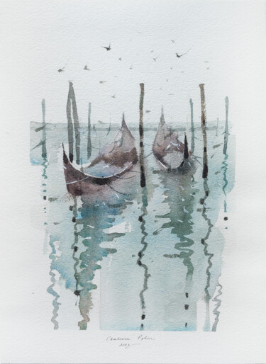 Schilderij getiteld "Two gondolas" door Ekaterina Pytina, Origineel Kunstwerk, Aquarel