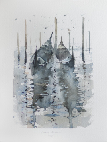 Schilderij getiteld "Gondolas in Venice" door Ekaterina Pytina, Origineel Kunstwerk, Aquarel