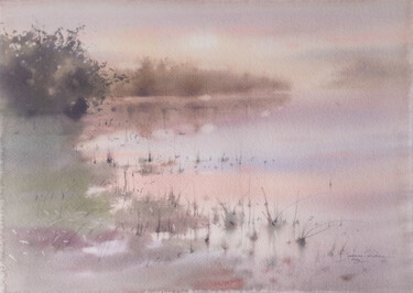 Pittura intitolato "Misty Sunrise over…" da Ekaterina Pytina, Opera d'arte originale, Acquarello