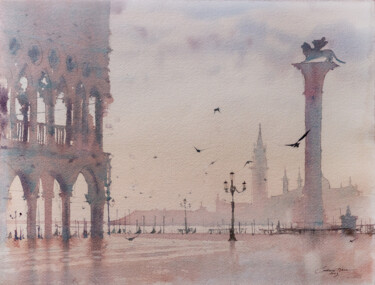 Pintura intitulada "Venice at Sunset" por Ekaterina Pytina, Obras de arte originais, Aquarela