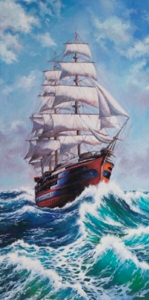 Painting titled "Ship" by Ekaterina San, Original Artwork, Acrylic Mounted on Wood Stretcher frame