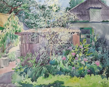 Painting titled "Summer patio" by Ekaterina Savina, Original Artwork, Watercolor
