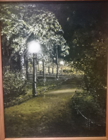 Painting titled "Ночной парк" by Ekaterina Soloveva, Original Artwork, Oil Mounted on Wood Stretcher frame