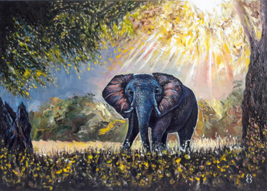 Картина под названием "ELEPHANT" - Екатерина Захарова, Подлинное произведение искусства, Масло Установлен на Деревянная рама…