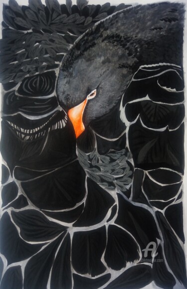 Schilderij getiteld "Черный лебедь" door E G, Origineel Kunstwerk, Gouache