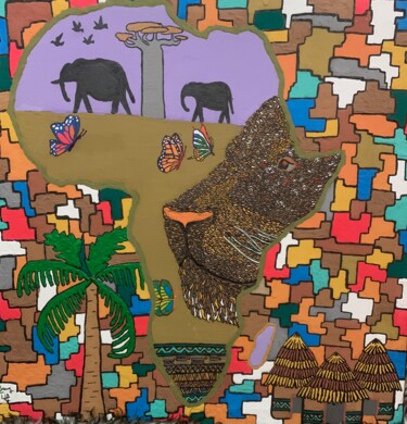 「Africa」というタイトルのテキスタイルアート El Hadji Serigne Mbaye Diengによって, オリジナルのアートワーク, アクリル