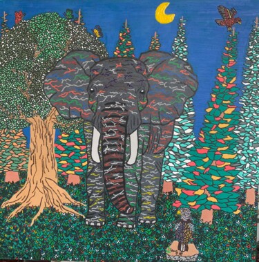 Textilkunst mit dem Titel "Paysage africain" von El Hadji Serigne Mbaye Dieng, Original-Kunstwerk, Acryl Auf Andere starre P…