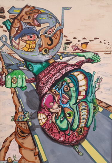 Schilderij getiteld "La course d'escargot" door El-Zoufri, Origineel Kunstwerk, Acryl