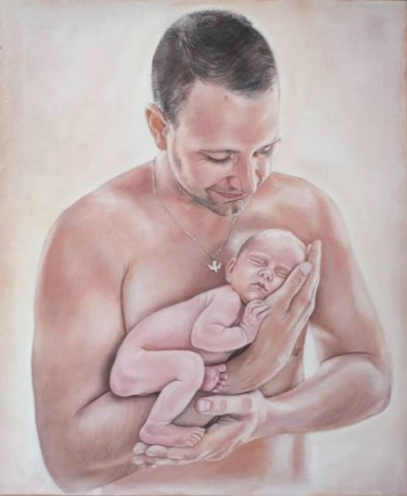 Malerei mit dem Titel "Portrait, Papa mit…" von Ela Nowak, Original-Kunstwerk, Öl