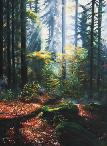 Painting titled "Waldlicht" by Ela Nowak, Original Artwork, Oil