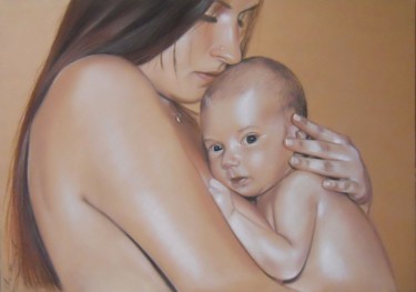 Zeichnungen mit dem Titel "Mutter mit Kind" von Ela Nowak, Original-Kunstwerk, Pastell