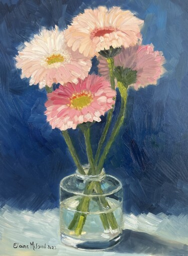 Painting titled "Pink Gerberas" by Elaine Mifsud, Original Artwork, Oil