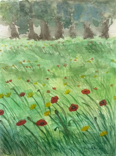Ζωγραφική με τίτλο "Poppy Field" από Elaine Mifsud, Αυθεντικά έργα τέχνης, Ακουαρέλα