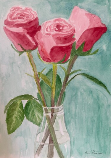 Painting titled "Red roses in a vase" by Elaine Mifsud, Original Artwork, Watercolor