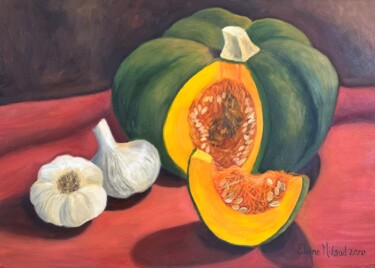 Painting titled "Pumpkin and Garlic" by Elaine Mifsud, Original Artwork, Oil