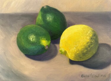 Painting titled "Lemon and Limes" by Elaine Mifsud, Original Artwork, Oil Mounted on Wood Panel