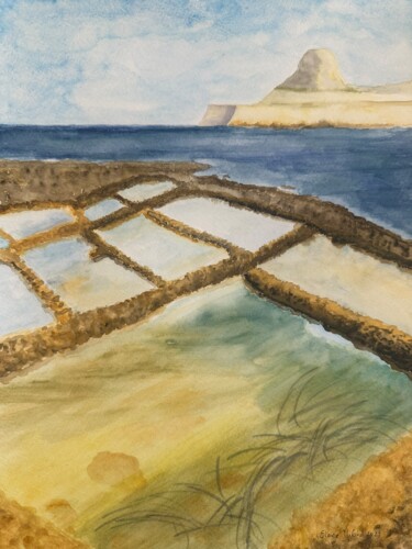 Schilderij getiteld "Saltpans at Qbajjar…" door Elaine Mifsud, Origineel Kunstwerk, Aquarel