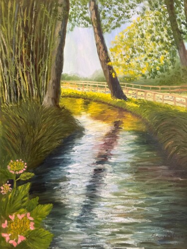 Painting titled "The stream in Monet…" by Elaine Mifsud, Original Artwork, Oil Mounted on Cardboard