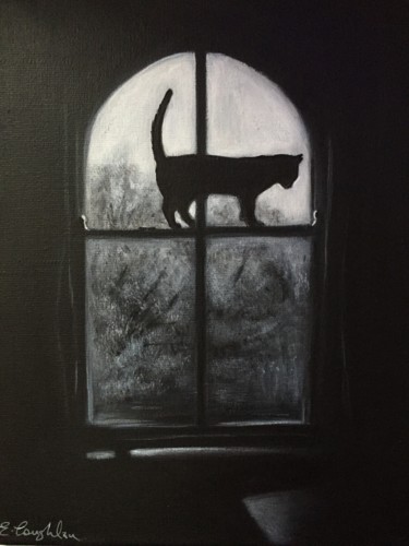 Schilderij getiteld "Cat on windowsill" door Elaine Coughlan, Origineel Kunstwerk, Acryl