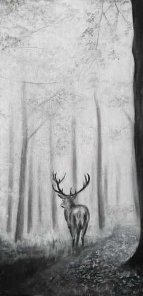 Painting titled "Stag in forest" by Elaine Coughlan, Original Artwork, Acrylic