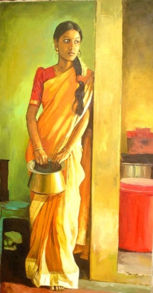 Painting titled "awaiting1" by S.Elayaraja, Original Artwork, Oil