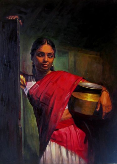 Painting titled "home making girl" by S.Elayaraja, Original Artwork, Oil