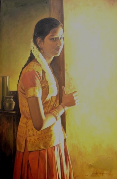 Painting titled "a girl8" by S.Elayaraja, Original Artwork, Oil