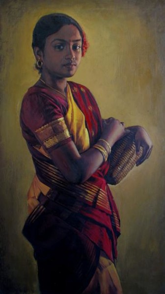 Peinture intitulée "women with wessel2" par S.Elayaraja, Œuvre d'art originale, Huile