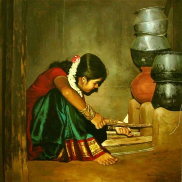 Painting titled "working girl" by S.Elayaraja, Original Artwork