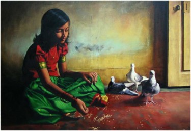 Painting titled "girl with pigion4" by S.Elayaraja, Original Artwork, Oil