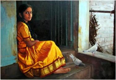 Pittura intitolato "girl with pigion5" da S.Elayaraja, Opera d'arte originale, Olio