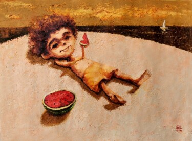 Painting titled "A boy on the beach." by Elchin Bunyatov, Original Artwork, Oil