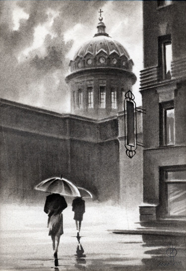Zeichnungen mit dem Titel "Rain on Kazanskaya…" von Eldeukov Ildiukov, Original-Kunstwerk, Aquarell