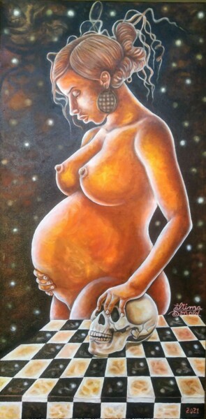 Painting titled "Réflexion" by Eltima Donald, Original Artwork, Oil Mounted on Wood Stretcher frame