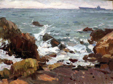 Painting titled "Морской прибой (Гур…" by Nikolai Khalzev, Original Artwork, Oil