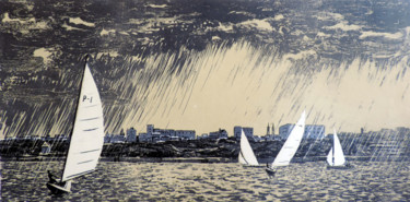 Pintura titulada "Яхты в грозу" por Nikolai Khalzev, Obra de arte original, Linograbados
