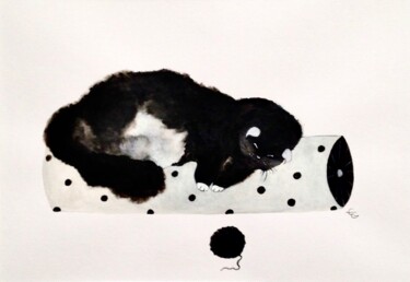 Peinture intitulée "Chat qui dort numér…" par Eleanor Gabriel, Œuvre d'art originale, Aquarelle